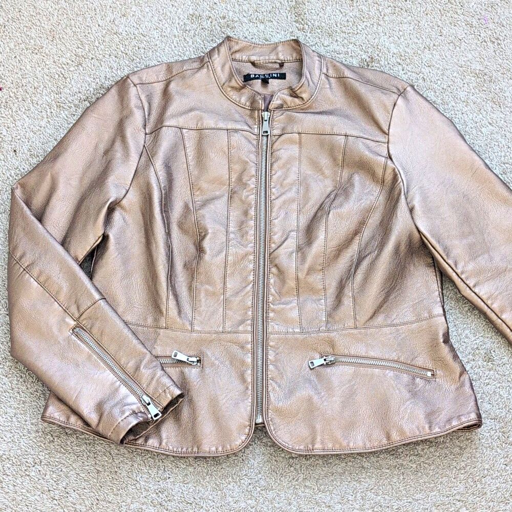 BACCINI Metallic Rose Gold Faux Leather Jacket Short Full Zip Moto Sz L